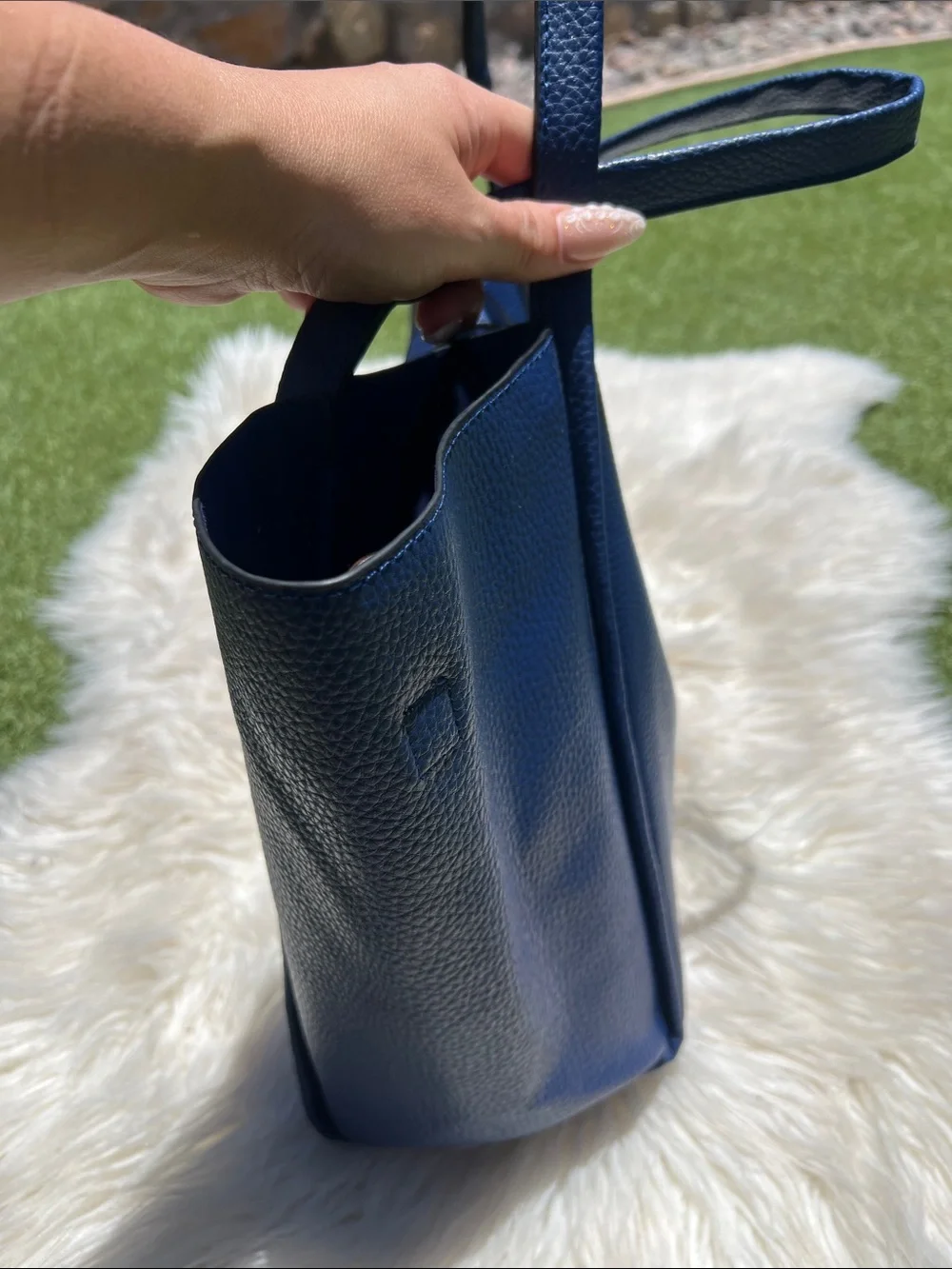 Pebbled Navy Leather Tote with Gold Hardware - Picture 10 of 12